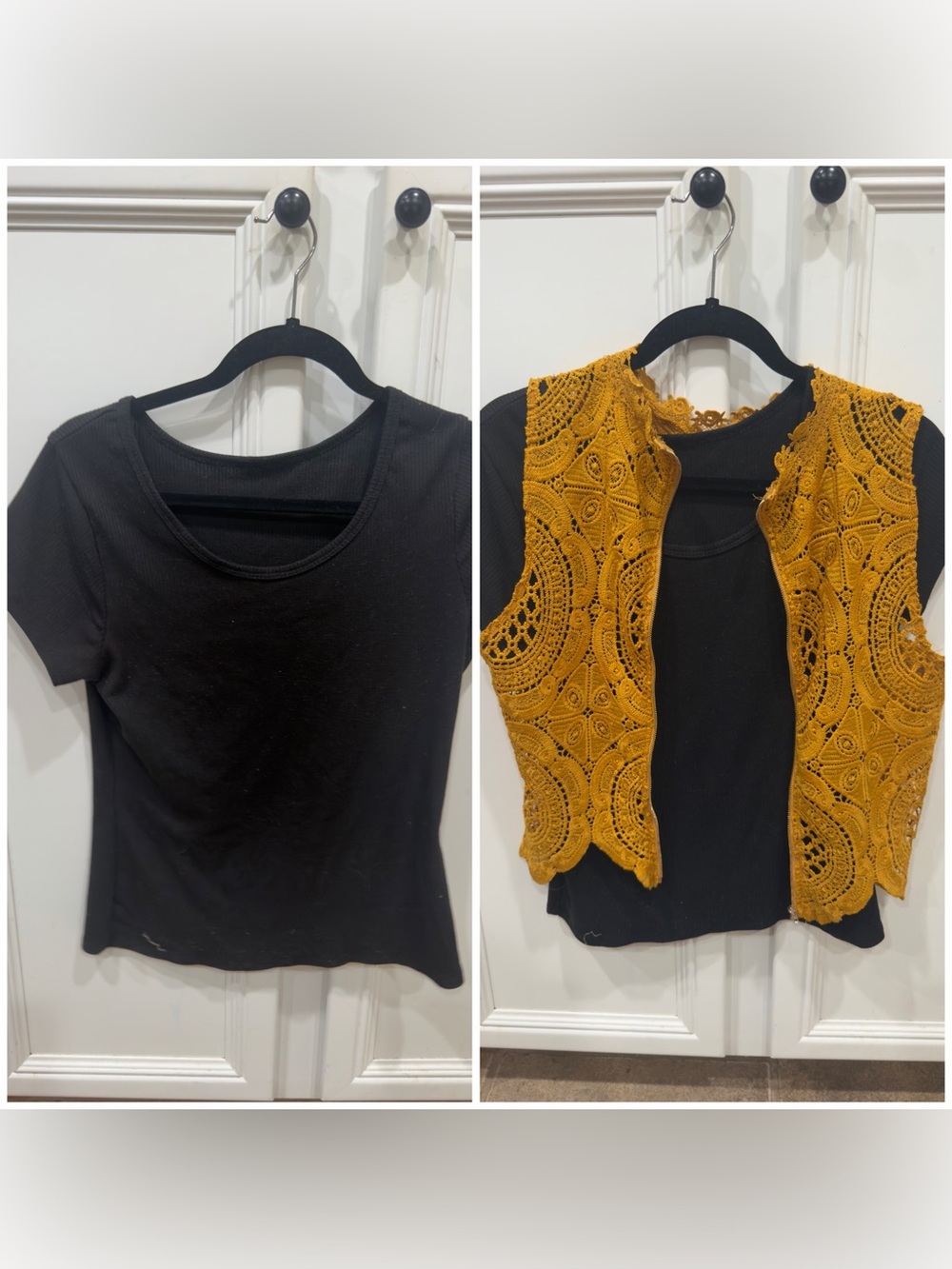 Black Crewneck Tee with Mustard Crochet Vest Layered Set